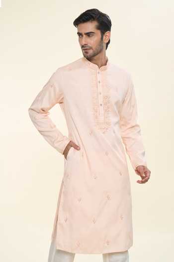 Shop_Rng Safawala_Peach Cotton, Silk Sequins, Embroidery Thread Kurta Set For Kids_Online_at_Aza_Fashions