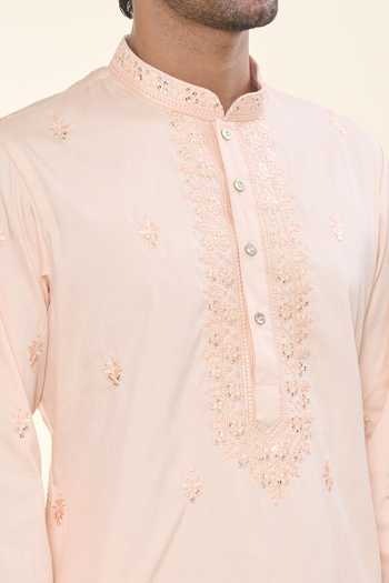 Rng Safawala_Peach Cotton, Silk Sequins, Embroidery Thread Kurta Set For Kids_at_Aza_Fashions