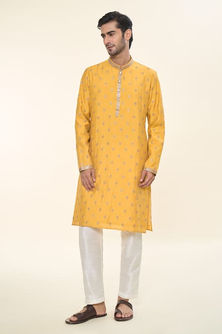 RNG Safawala Yellow Cotton Silk Embroidered Resham Kurta With Solid Pant 