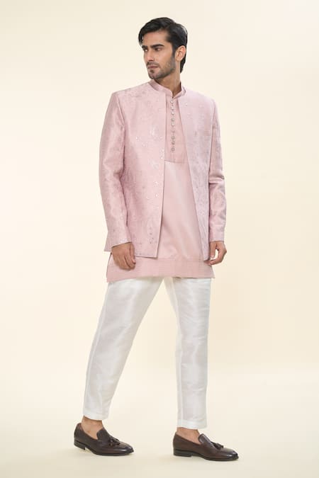 RNG Safawala Pink Raw Silk Embroidered Floral Kurta Set With Nehru Jacket 