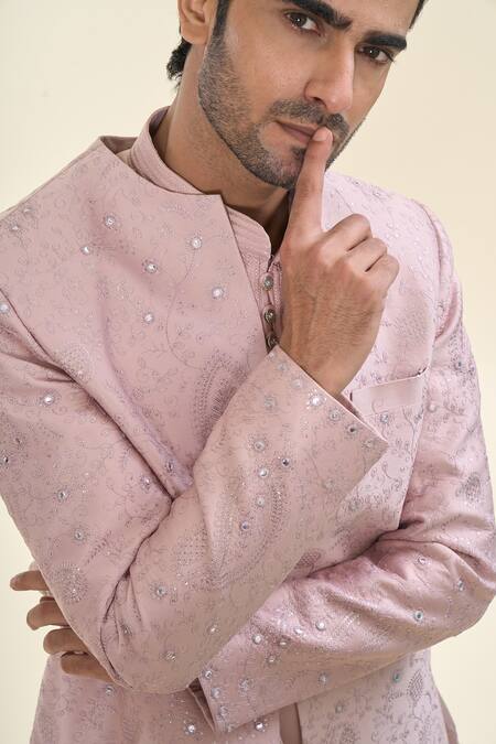 Rng Safawala_Pink Silk, Cotton Embroidery Kurta Set With Floral Nehru Jacket _Online_at_Aza_Fashions