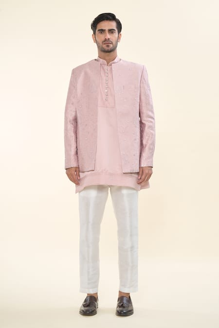Shop_Rng Safawala_Pink Silk, Cotton Embroidery Kurta Set With Floral Nehru Jacket _Online_at_Aza_Fashions
