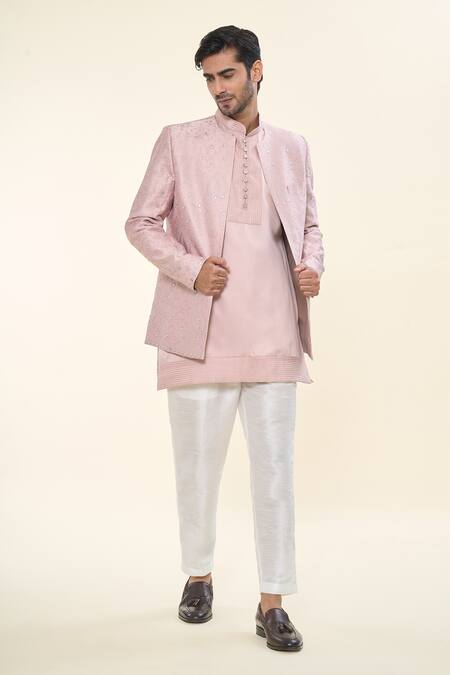 Rng Safawala_Pink Silk, Cotton Embroidery Kurta Set With Floral Nehru Jacket _at_Aza_Fashions