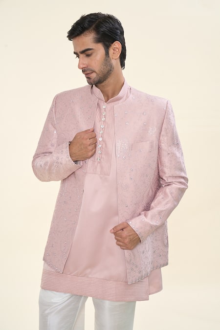Buy_Rng Safawala_Pink Silk, Cotton Embroidery Kurta Set With Floral Nehru Jacket 