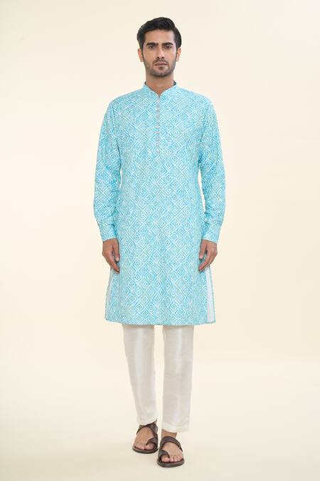 Rng Safawala_Blue , Satin, Silk Sequins Ikat Print Kurta With Pant _Online_at_Aza_Fashions
