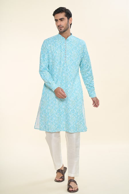 Buy_Rng Safawala_Blue , Satin, Silk Sequins Ikat Print Kurta With Pant _Online_at_Aza_Fashions