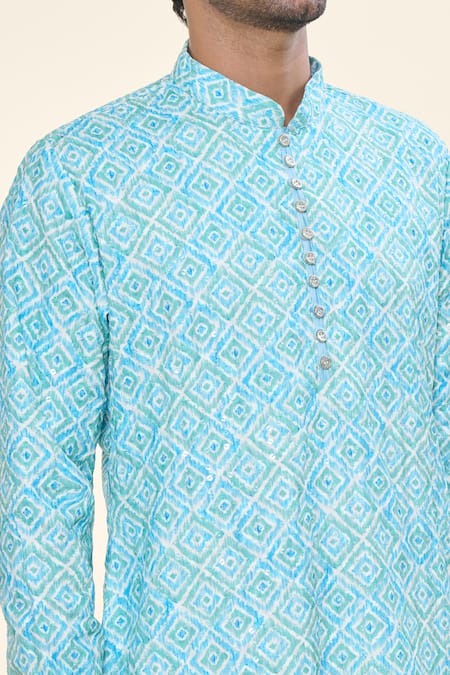 Rng Safawala_Blue , Satin, Silk Sequins Ikat Print Kurta With Pant _at_Aza_Fashions