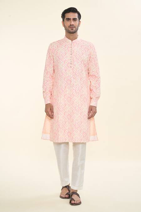 Rng Safawala_Pink Cotton, Silk Sequins Ikat Print Kurta And Pant Set _Online_at_Aza_Fashions