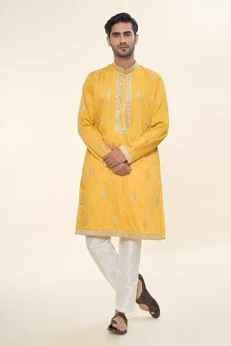 RNG Safawala Yellow Cotton Silk Embroidered Thread Sequin Kurta With Pant 