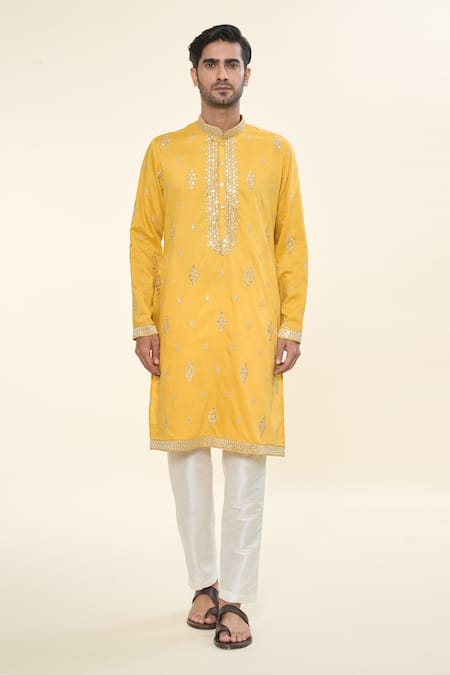 Rng Safawala_Yellow , Satin, Silk Sequins, Embroidery Thread Kurta With Pant _Online_at_Aza_Fashions