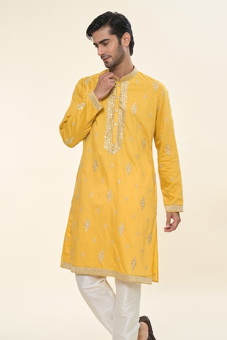 Buy_Rng Safawala_Yellow , Satin, Silk Sequins, Embroidery Thread Kurta With Pant _Online_at_Aza_Fashions