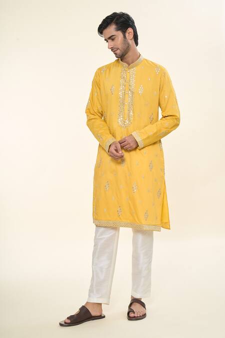 Shop_Rng Safawala_Yellow , Satin, Silk Sequins, Embroidery Thread Kurta With Pant _Online_at_Aza_Fashions
