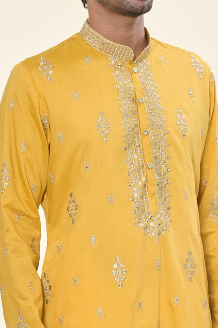 Rng Safawala_Yellow , Satin, Silk Sequins, Embroidery Thread Kurta With Pant _at_Aza_Fashions