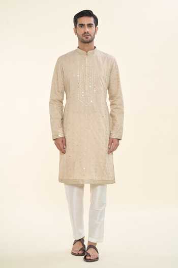 Rng Safawala_Beige , Satin, Silk Embroidery, Sequins Kurta With Solid Pant_Online_at_Aza_Fashions