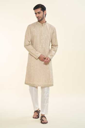 Buy_Rng Safawala_Beige , Satin, Silk Embroidery, Sequins Kurta With Solid Pant_Online_at_Aza_Fashions
