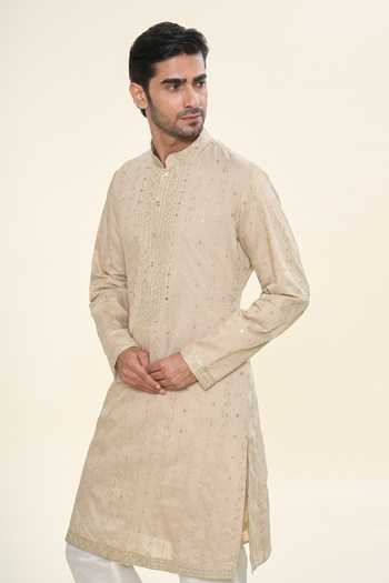 Shop_Rng Safawala_Beige , Satin, Silk Embroidery, Sequins Kurta With Solid Pant_Online_at_Aza_Fashions