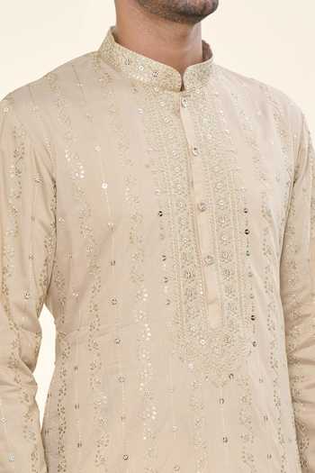 Rng Safawala_Beige , Satin, Silk Embroidery, Sequins Kurta With Solid Pant_at_Aza_Fashions