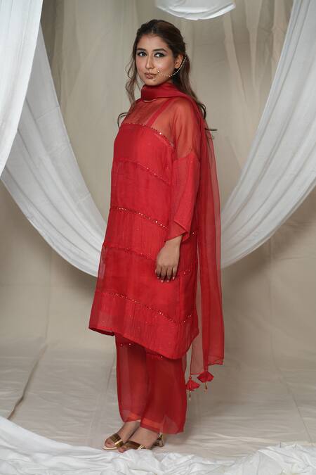 Jyoti Bansal_Red Organza, Cotton Mirrors Round Neck Work Embroidered Kurta Pant Set _Online_at_Aza_Fashions
