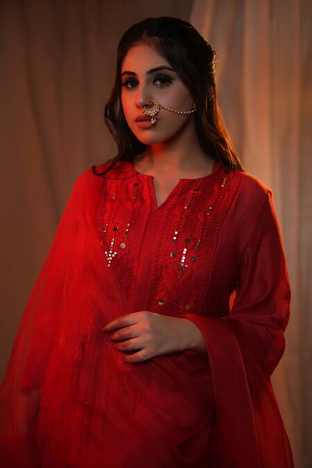 Buy_Jyoti Bansal_Red Chanderi, Cotton, Organza Sequins, Embroidery Floral Anarkali Pant Set _Online_at_Aza_Fashions