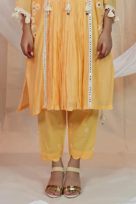 Jyoti Bansal Yellow Chanderi, Cotton, Organza Sequins, Tassels, Floral Anarkali Pant Set Online at Aza Fashions Jyoti Bansal_Yellow Chanderi, Cotton, Organza Sequins, Tassels, Floral Anarkali Pant Set _Online_at_Aza_Fashions
