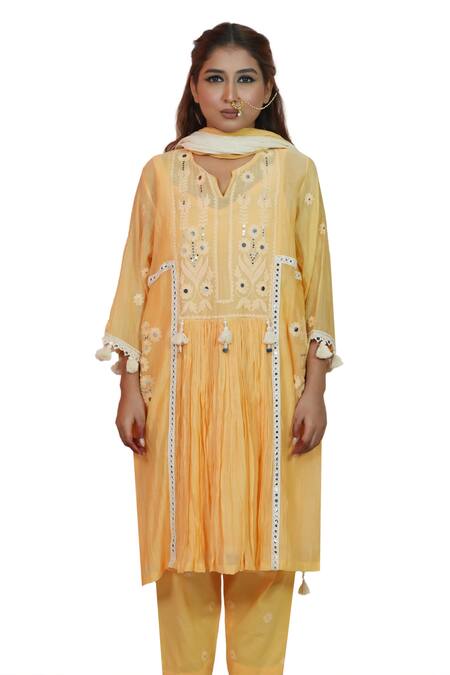 Buy Jyoti Bansal Yellow Chanderi, Cotton, Organza Sequins, Tassels, Floral Anarkali Pant Set Online at Aza Fashions Buy_Jyoti Bansal_Yellow Chanderi, Cotton, Organza Sequins, Tassels, Floral Anarkali Pant Set _Online_at_Aza_Fashions