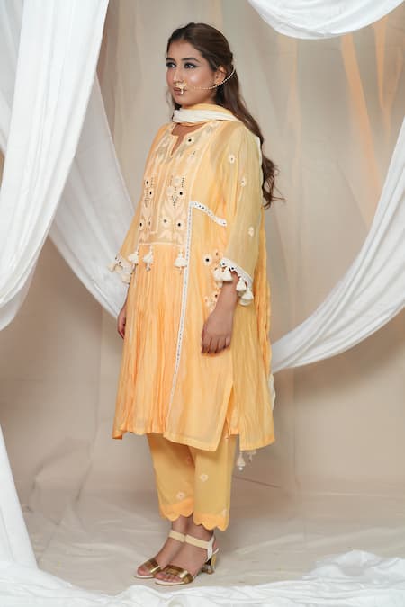 Shop_Jyoti Bansal_Yellow Chanderi, Cotton, Organza Sequins, Tassels, Floral Anarkali Pant Set _Online_at_Aza_Fashions