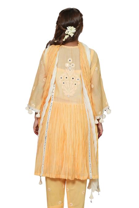 Jyoti Bansal Yellow Chanderi, Cotton, Organza Sequins, Tassels, Floral Anarkali Pant Set at Aza Fashions Jyoti Bansal_Yellow Chanderi, Cotton, Organza Sequins, Tassels, Floral Anarkali Pant Set _at_Aza_Fashions