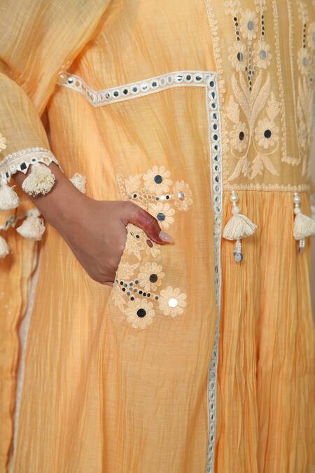 Buy_Jyoti Bansal_Yellow Chanderi, Cotton, Organza Sequins, Tassels, Floral Anarkali Pant Set 