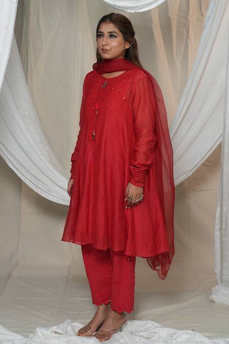Buy_Jyoti Bansal_Red Chanderi, Organza, Cotton Sequins, Embroidery Flora Short Anarkali Pant Set _Online_at_Aza_Fashions