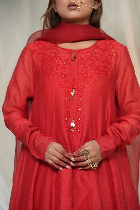 Shop_Jyoti Bansal_Red Chanderi, Organza, Cotton Sequins, Embroidery Flora Short Anarkali Pant Set _Online_at_Aza_Fashions