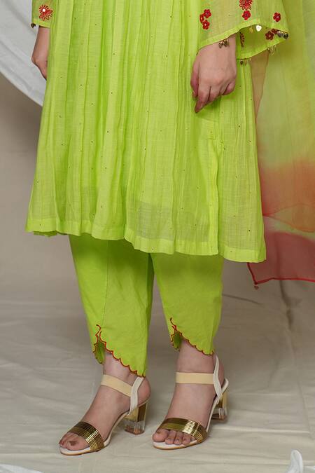 Buy Jyoti Bansal Green Chanderi, Cotton, Organza Tassels, Floral Kurta And Tulip Pant Set Online at Aza Fashions Buy_Jyoti Bansal_Green Chanderi, Cotton, Organza Tassels, Floral Kurta And Tulip Pant Set _Online_at_Aza_Fashions