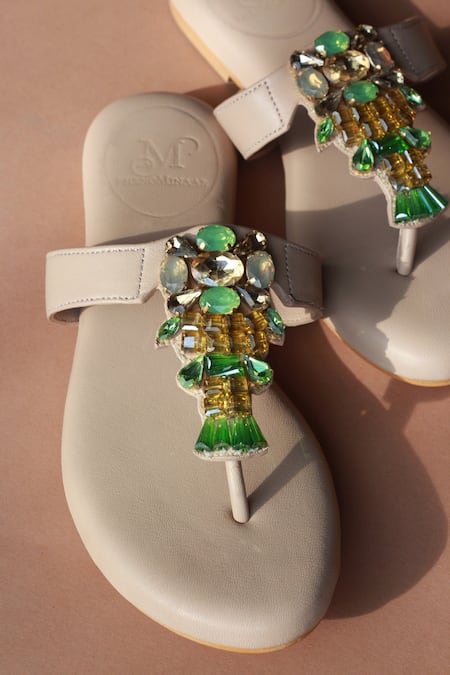 PHENOMINAAL_Beige Crystals Offshore Hand Embroidered Sandals _Online_at_Aza_Fashions