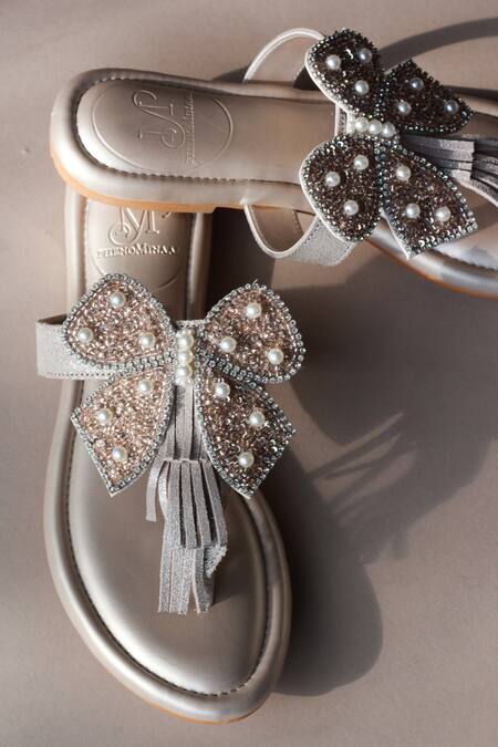 PHENOMINAAL_Beige Bugle Beads A Lil Magic Hand Embroidered Sandals _at_Aza_Fashions