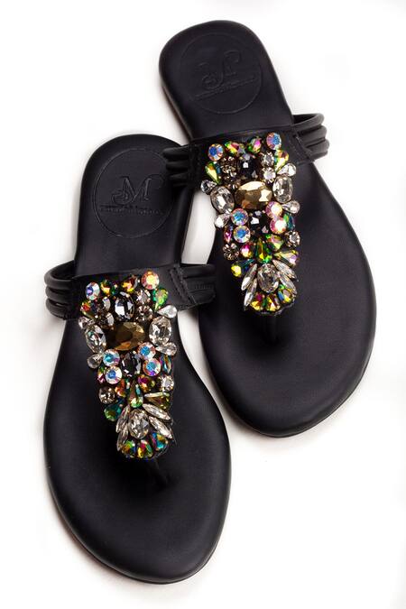 PHENOMINAAL_Black Crystals Kaleidoscope Hand Embroidered Sandals _Online_at_Aza_Fashions