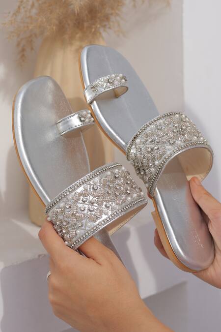PHENOMINAAL_Silver Cutdana Embellished Sandals _Online_at_Aza_Fashions
