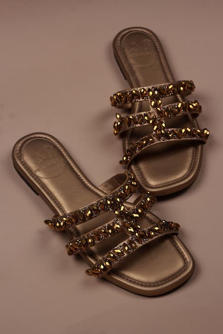 PHENOMINAAL_Gold Crystals Embellished Flat Sandals _Online_at_Aza_Fashions