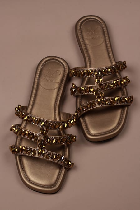 Buy_PHENOMINAAL_Gold Crystals Embellished Flat Sandals _Online_at_Aza_Fashions