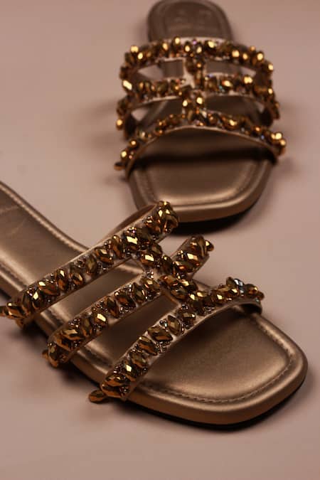 Shop_PHENOMINAAL_Gold Crystals Embellished Flat Sandals _Online_at_Aza_Fashions
