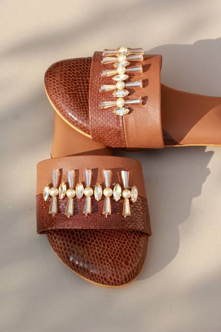 PHENOMINAAL_Brown Crystals Praline Embellished Sandals _Online_at_Aza_Fashions