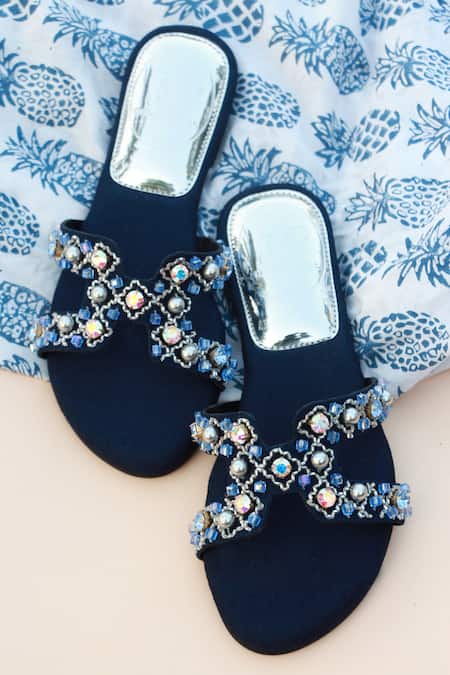 PHENOMINAAL_Blue Japanese Bugle Beads Sapphire Hand Embroidered Sandals _Online_at_Aza_Fashions