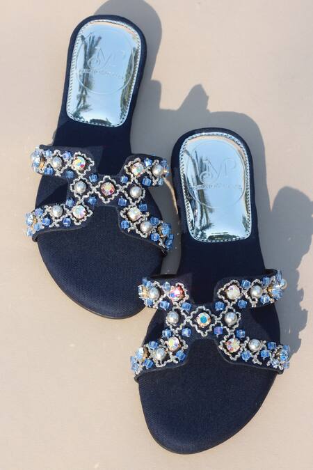 Shop_PHENOMINAAL_Blue Japanese Bugle Beads Sapphire Hand Embroidered Sandals _Online_at_Aza_Fashions