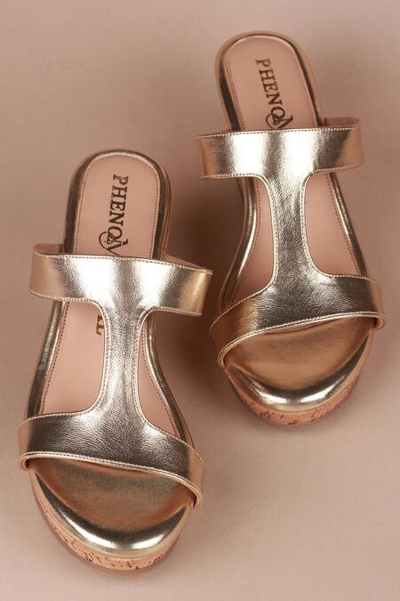 PHENOMINAAL_Gold Helios Solid Corked Wedges _Online_at_Aza_Fashions