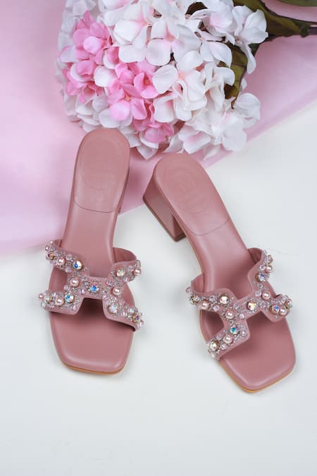 PHENOMINAAL Rose Hand Embroidered Block Heels 