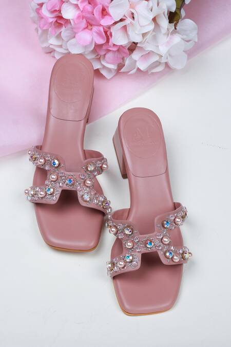 PHENOMINAAL_Peach Japanese Bugle Beads And Swarovski Pearls Rose Embroidered Block Heels _Online_at_Aza_Fashions