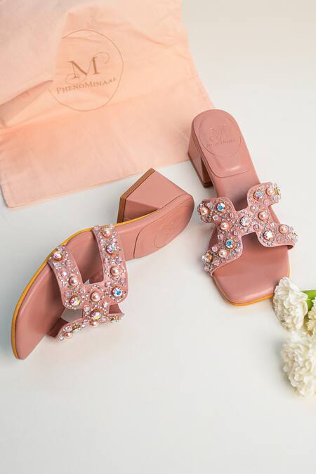 Buy_PHENOMINAAL_Peach Japanese Bugle Beads And Swarovski Pearls Rose Embroidered Block Heels _Online_at_Aza_Fashions