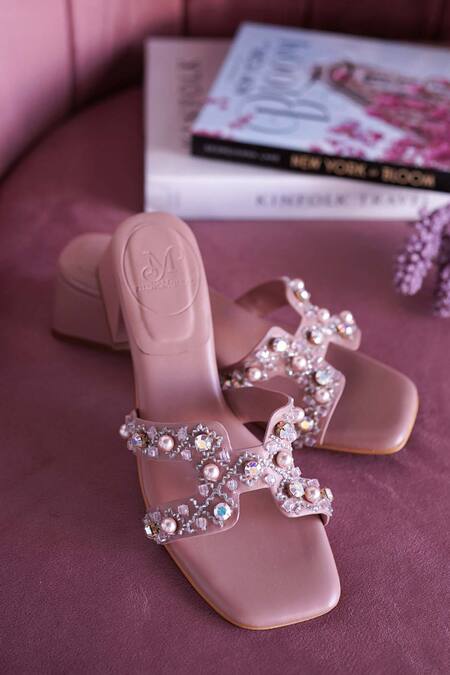 PHENOMINAAL_Peach Japanese Bugle Beads And Swarovski Pearls Rose Embroidered Block Heels _at_Aza_Fashions