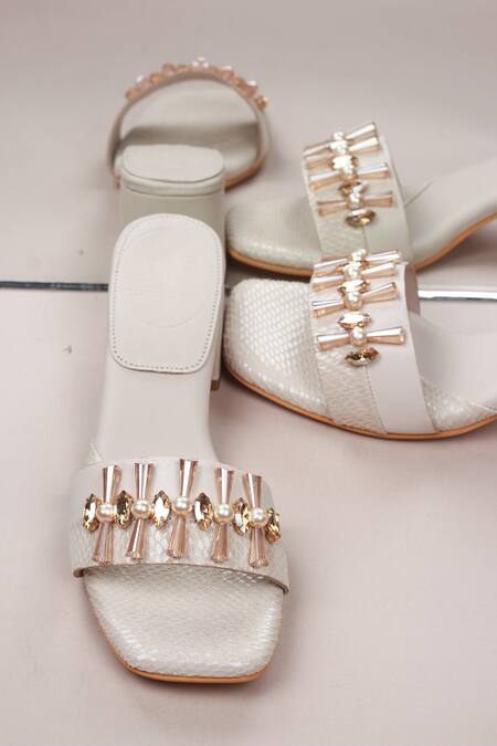 PHENOMINAAL_Cream Glass Beads Toffee Hand Embroidered Heels _at_Aza_Fashions