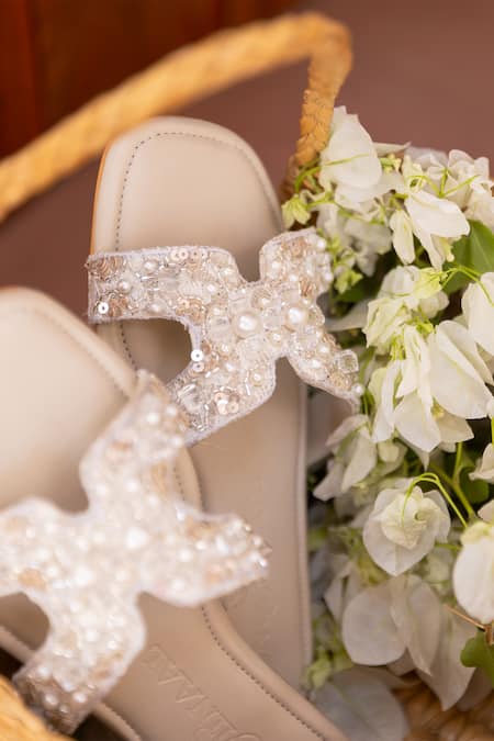 PHENOMINAAL_Ivory Pearl Embellished Flats _Online_at_Aza_Fashions