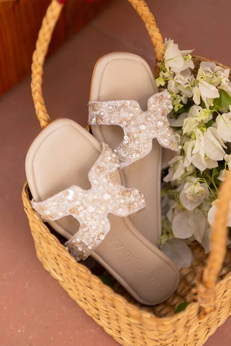 Buy_PHENOMINAAL_Ivory Pearl Embellished Flats _Online_at_Aza_Fashions