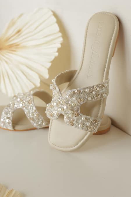 Shop_PHENOMINAAL_Ivory Pearl Embellished Flats _Online_at_Aza_Fashions